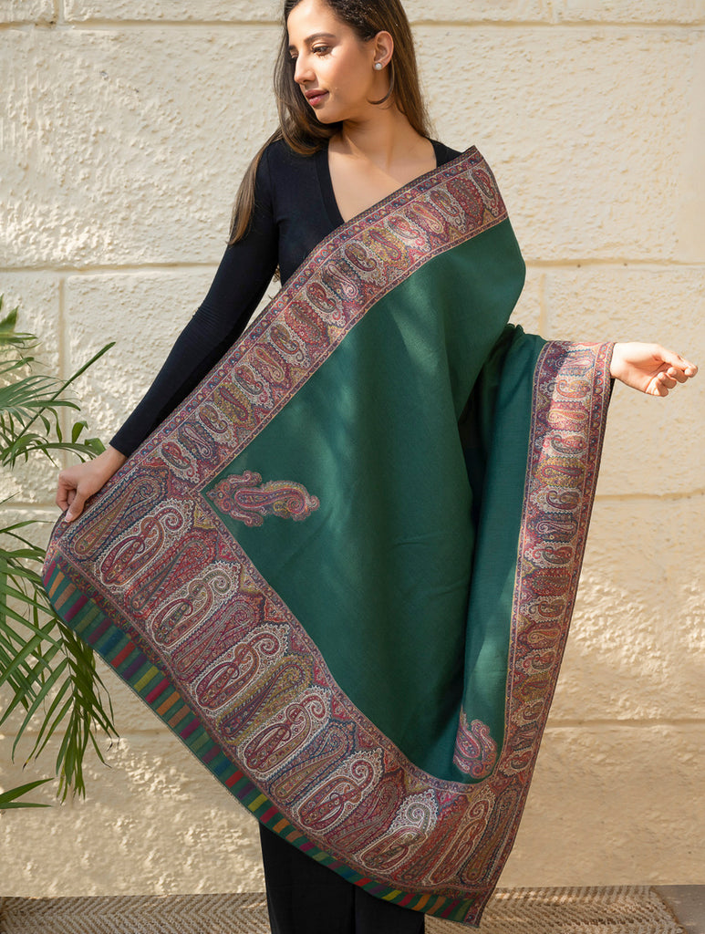 Regal Statement. Exclusive Soft Jamavar Design Kashmiri Shawl - Emerald Green