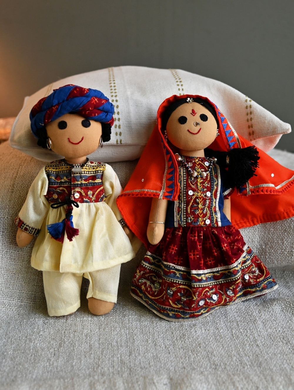 Artisan Handcrafted Indian Couple Fabric Dolls - Kunwar and Rajeshwari (Set of 2)
