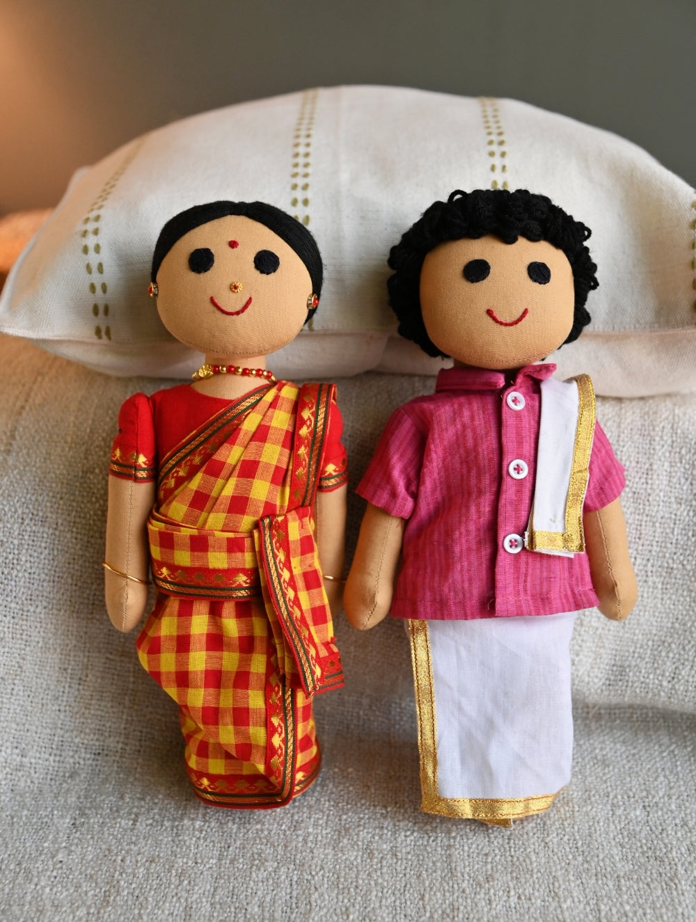 Artisan Handcrafted Indian Couple Fabric Dolls - Ambujam Mami and Pattu Mama (Set of 2)
