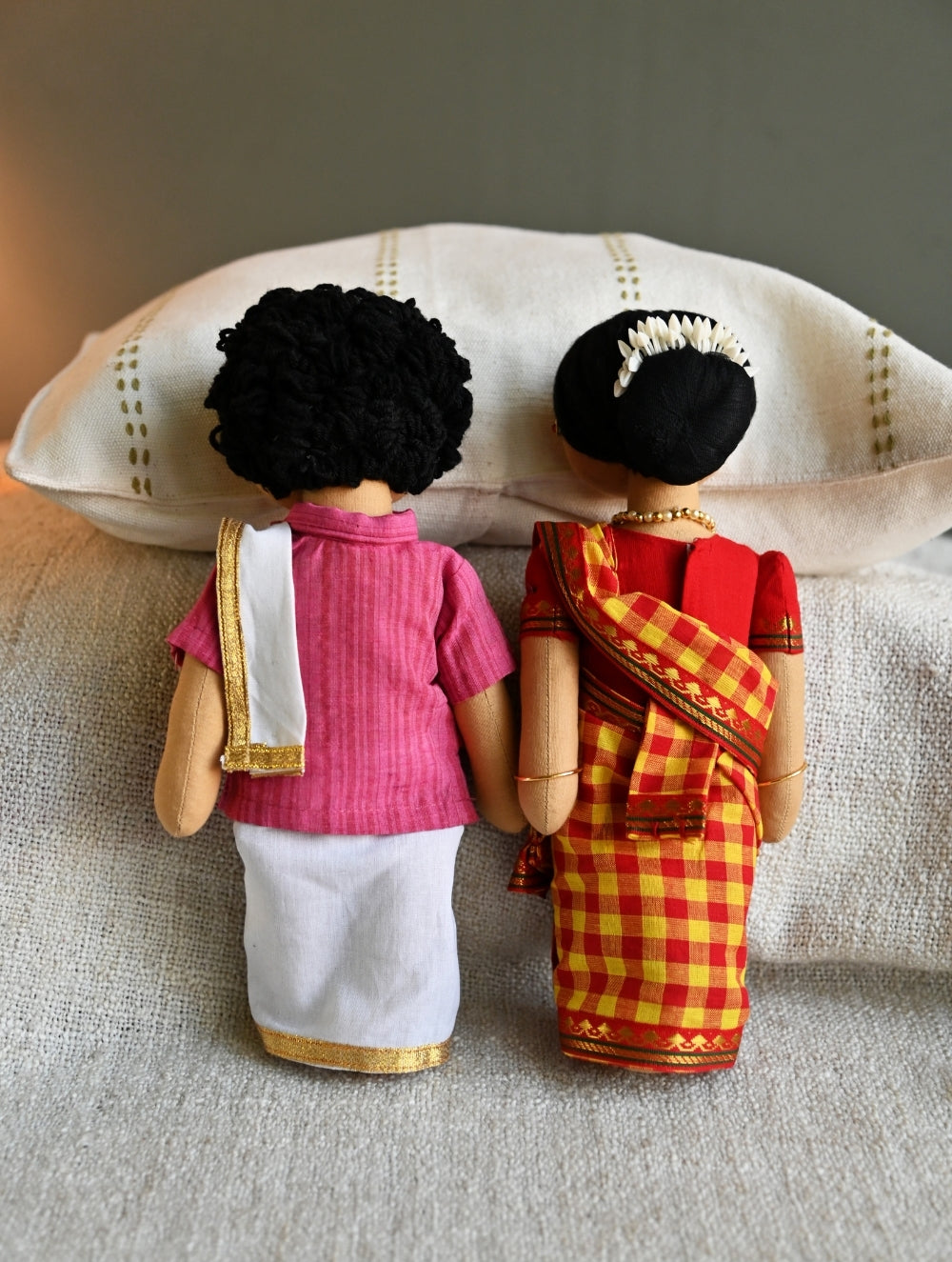 Artisan Handcrafted Indian Couple Fabric Dolls - Ambujam Mami and Pattu Mama (Set of 2)