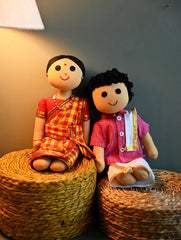 Artisan Handcrafted Indian Couple Fabric Dolls - Ambujam Mami and Pattu Mama (Set of 2)