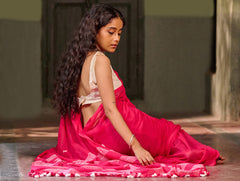 Bengal Vibes. Handwoven Jamdani Soft Mul Cotton Saree - Vibrant Blush