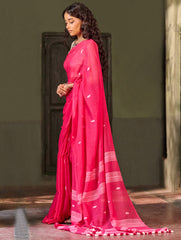 Bengal Vibes. Handwoven Jamdani Soft Mul Cotton Saree - Vibrant Blush