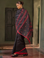 Bengal Vibes. Handwoven Jamdani Soft Mul Cotton Saree - Black and Red