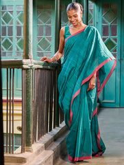Bengal Vibes. Handwoven Jamdani Soft Mul Cotton Saree - Peacock Green