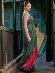 Bengal Vibes. Elegant Handwoven Patli  Linen Saree - Forest Reverie