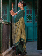 Bengal Vibes. Elegant Handwoven Patli  Linen Saree - Forest Reverie