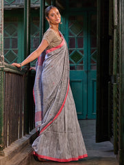 Bengal Vibes. Handwoven Jamdani Soft Mul Cotton Saree - Silver Smoke