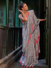 Bengal Vibes. Handwoven Jamdani Soft Mul Cotton Saree - Silver Smoke