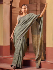 Bengal Vibes. Handwoven Linen & Kantha Border Saree - Muted Grey