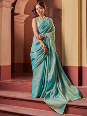 Bengal Elegance. Handwoven Tissue & Linen Saree - Turquoise Soft Gold