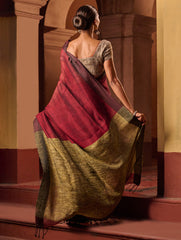 Bengal Vibes. Elegant Handwoven Patli Linen Saree - Crimson Drape