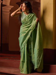 Bengal Elegance. Handwoven Tissue & Linen Saree - Sage Reverie