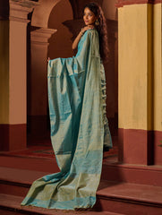 Bengal Elegance. Handwoven Tissue & Linen Saree - Mist Blue