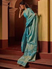 Bengal Elegance. Handwoven Tissue & Linen Saree - Mist Blue