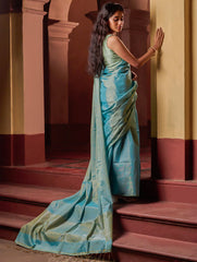 Bengal Elegance. Handwoven Tissue & Linen Saree - Mist Blue