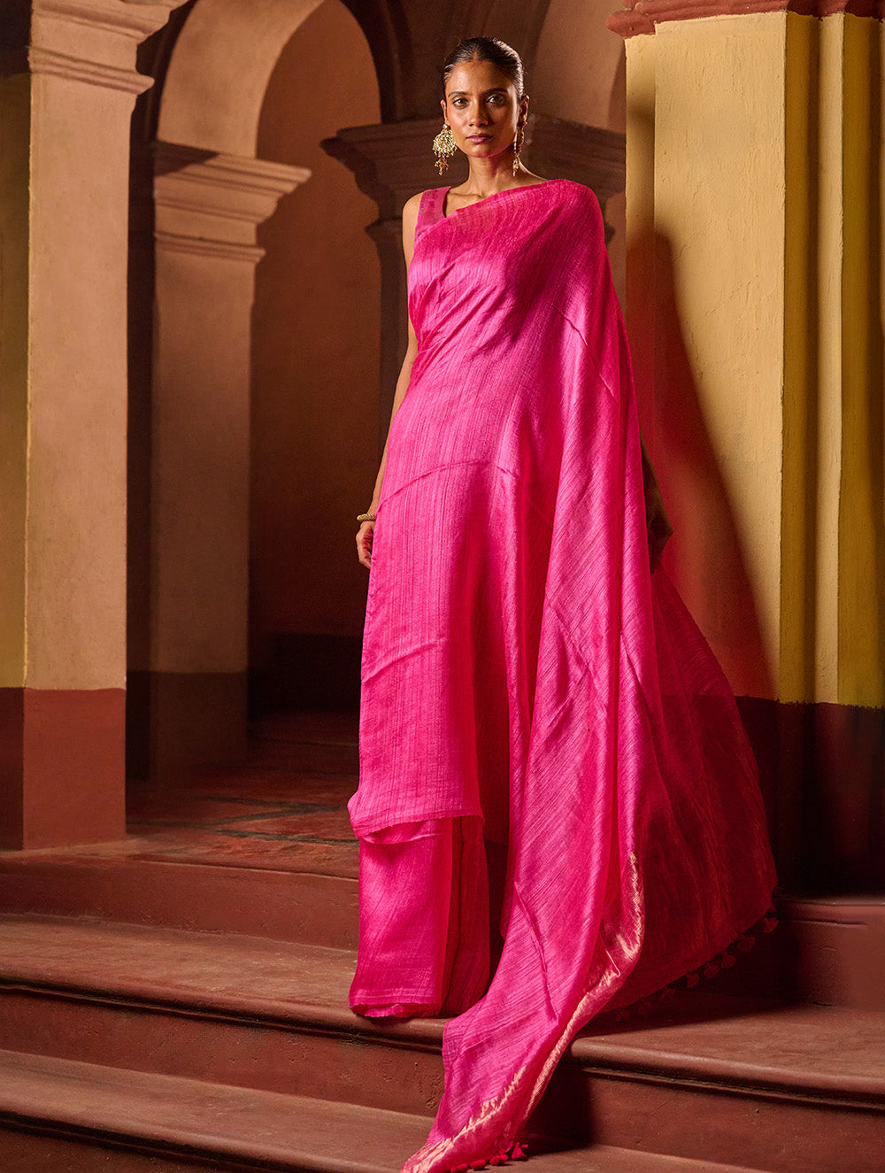 Bengal Elegance. Handwoven Soft Resham Matka Silk Saree - Warm Magenta