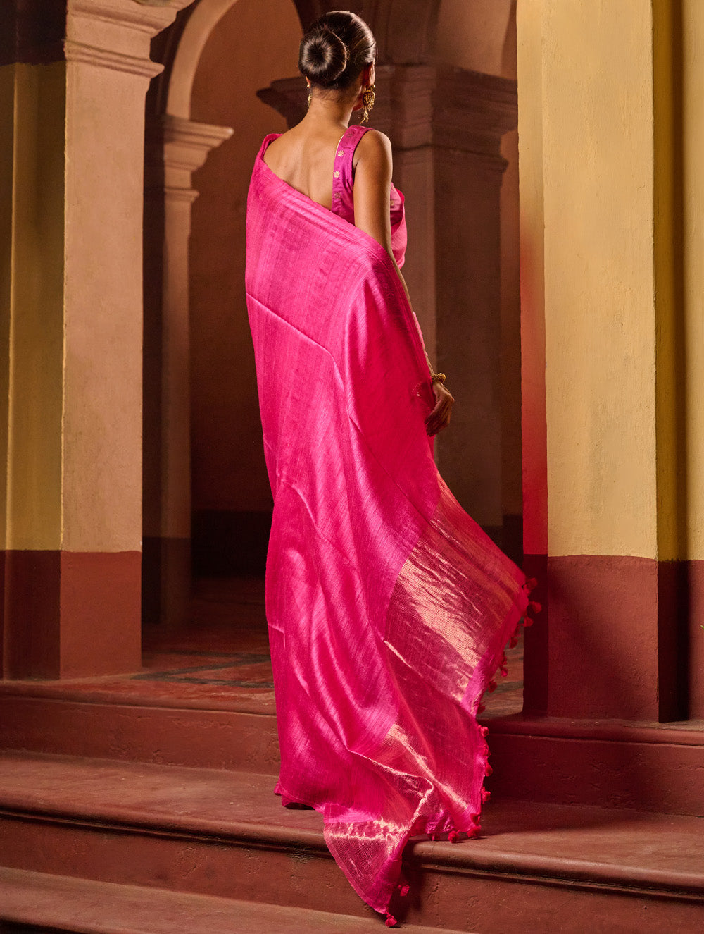 Bengal Elegance. Handwoven Soft Resham Matka Silk Saree - Warm Magenta