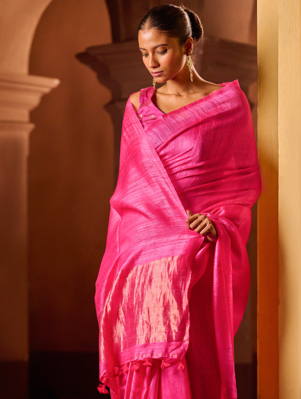 Bengal Elegance. Handwoven Soft Resham Matka Silk Saree - Warm Magenta