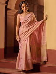 Bengal Elegance. Handwoven Tissue & Linen Saree - Soft Blush