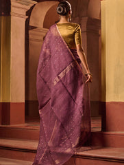 Bengal Elegance. Handwoven Sequinned Resham Silk Saree - Dusky Grape