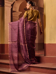 Bengal Elegance. Handwoven Sequinned Resham Silk Saree - Dusky Grape