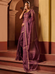 Bengal Elegance. Handwoven Sequinned Resham Silk Saree - Dusky Grape