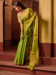 Bengal Elegance. Handwoven Tissue & Linen Saree - Golden Lime