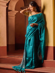 Bengal Elegance. Handwoven Soft Resham Matka Silk Saree - Peacock Teal
