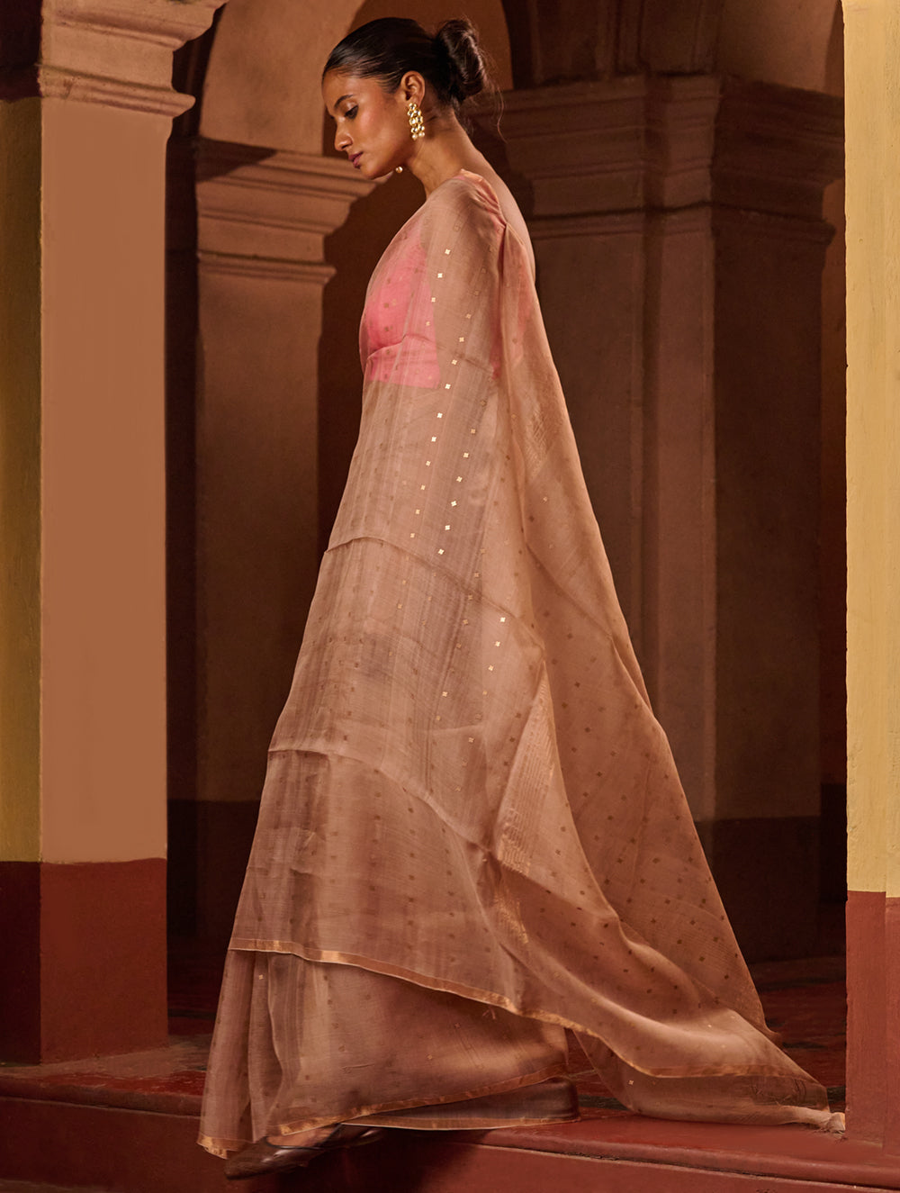 Bengal Elegance. Handwoven Sequinned Resham Silk Saree - Greyish Beige