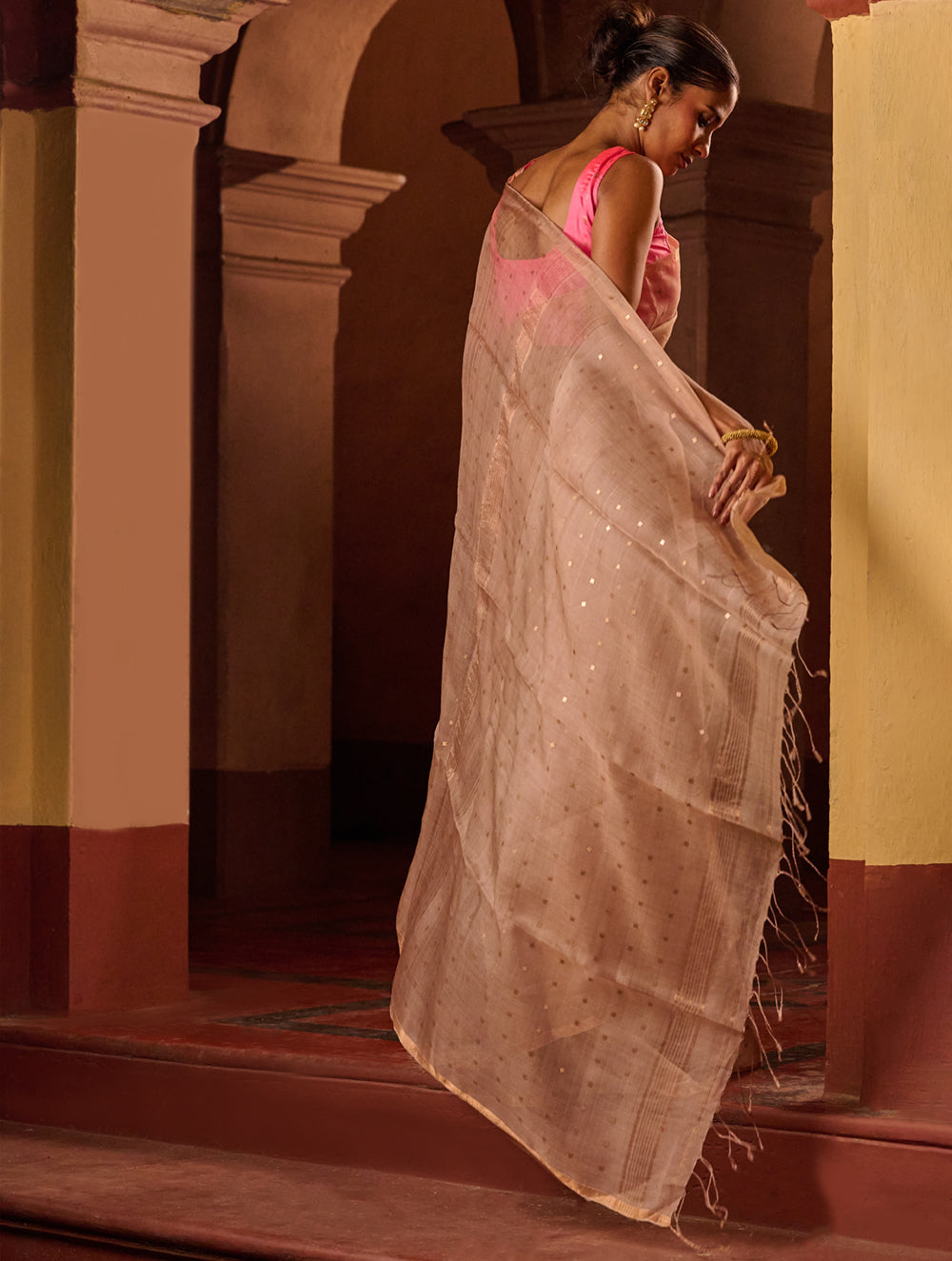Bengal Elegance. Handwoven Sequinned Resham Silk Saree - Greyish Beige