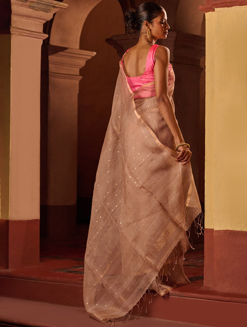 Bengal Elegance. Handwoven Sequinned Resham Silk Saree - Greyish Beige