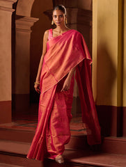 Bengal Elegance. Handwoven Tissue & Linen Saree - Ruby Blush