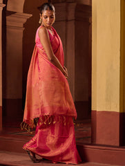 Bengal Elegance. Handwoven Tissue & Linen Saree - Ruby Blush
