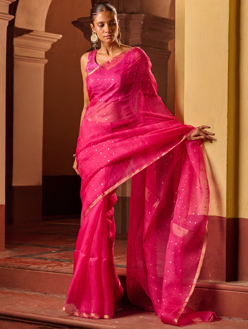 Bengal Elegance. Handwoven Sequinned Resham Silk Saree - Fuschia Glow