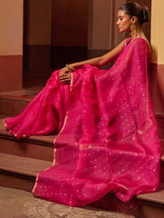 Bengal Elegance. Handwoven Sequinned Resham Silk Saree - Fuschia Glow