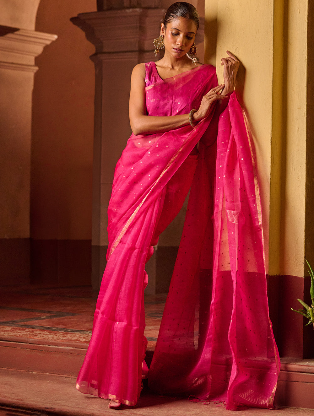 Bengal Elegance. Handwoven Sequinned Resham Silk Saree - Fuschia Glow