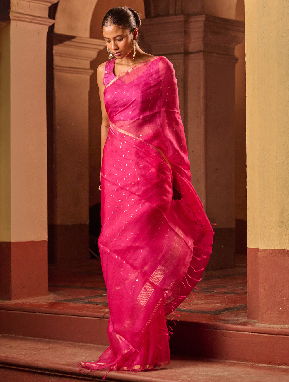 Bengal Elegance. Handwoven Sequinned Resham Silk Saree - Fuschia Glow