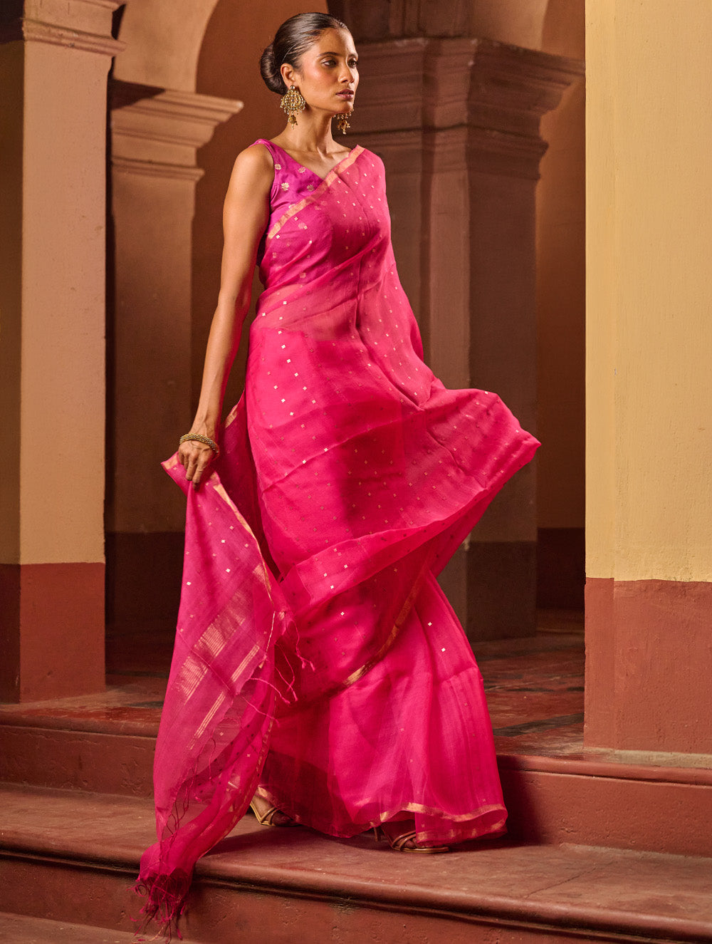 Bengal Elegance. Handwoven Sequinned Resham Silk Saree - Fuschia Glow