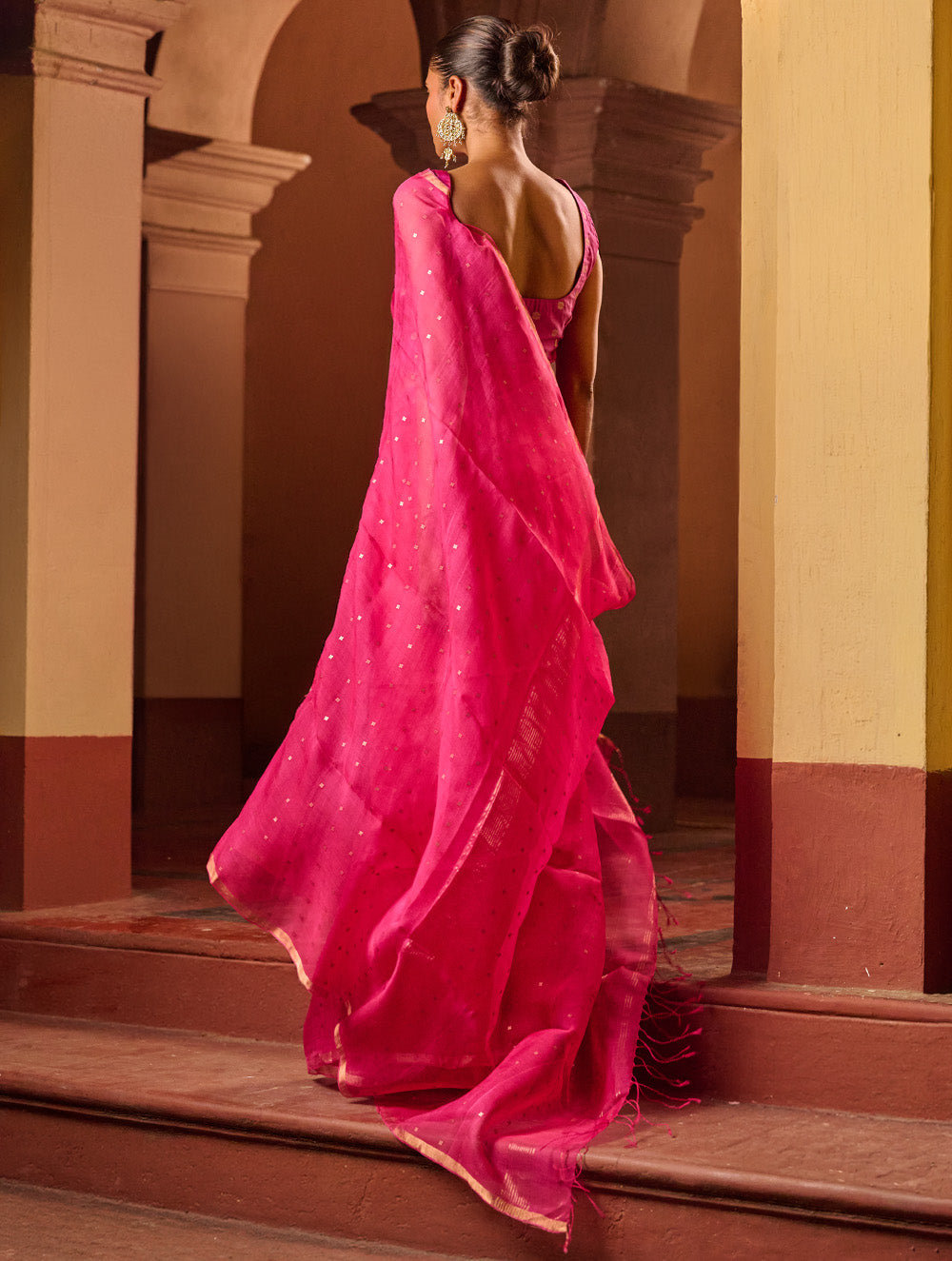 Bengal Elegance. Handwoven Sequinned Resham Silk Saree - Fuschia Glow