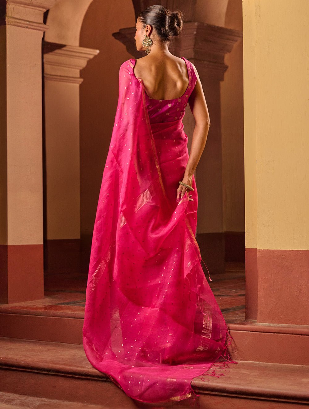 Bengal Elegance. Handwoven Sequinned Resham Silk Saree - Fuschia Glow