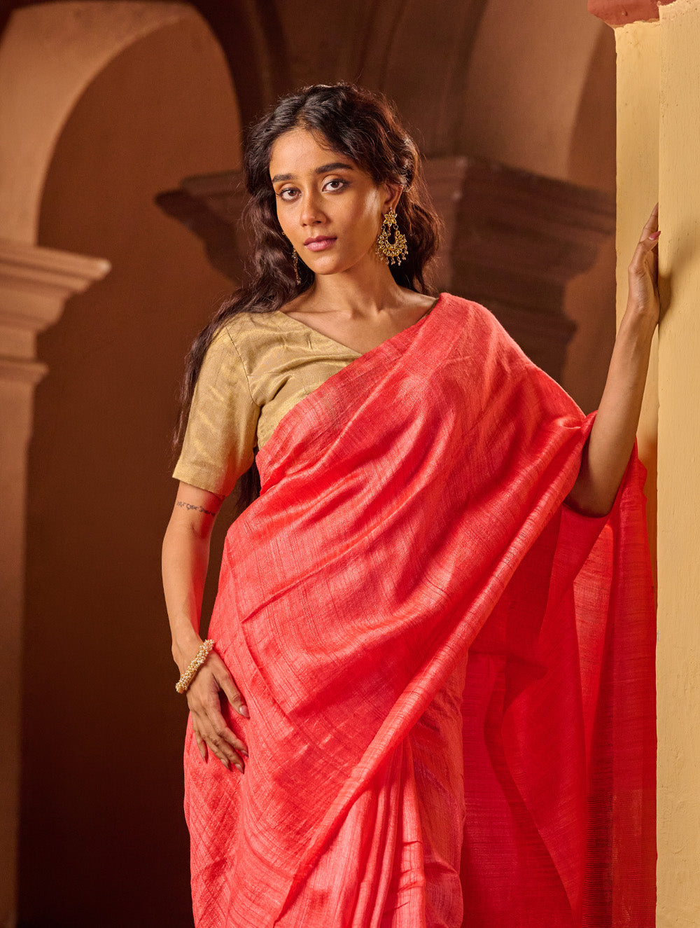 Bengal Elegance. Handwoven Soft Resham Matka Silk Saree - Warm Coral