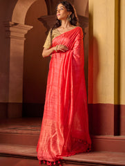 Bengal Elegance. Handwoven Soft Resham Matka Silk Saree - Warm Coral
