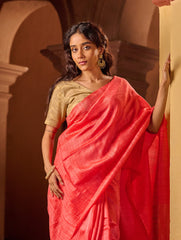 Bengal Elegance. Handwoven Soft Resham Matka Silk Saree - Warm Coral