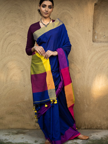 Soft & Striking. Pure Handwoven Linen Saree (With Blouse Piece) - Royal Blue Elegance