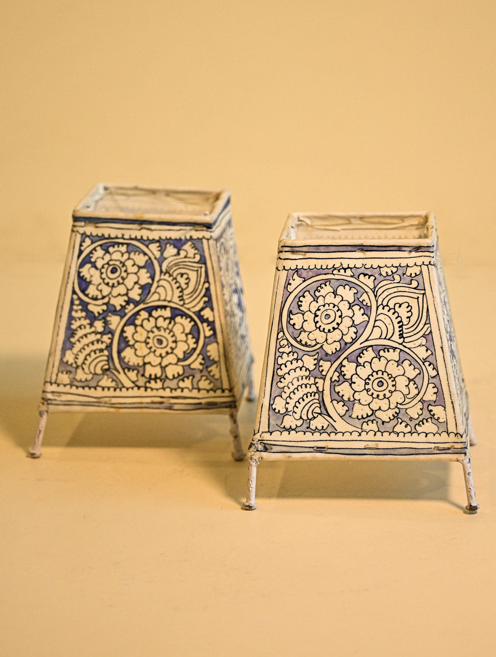 Andhra Leather Craft Lamp Shade - Holiday Floral Blues (Set of Two). Height - 6 inches Each