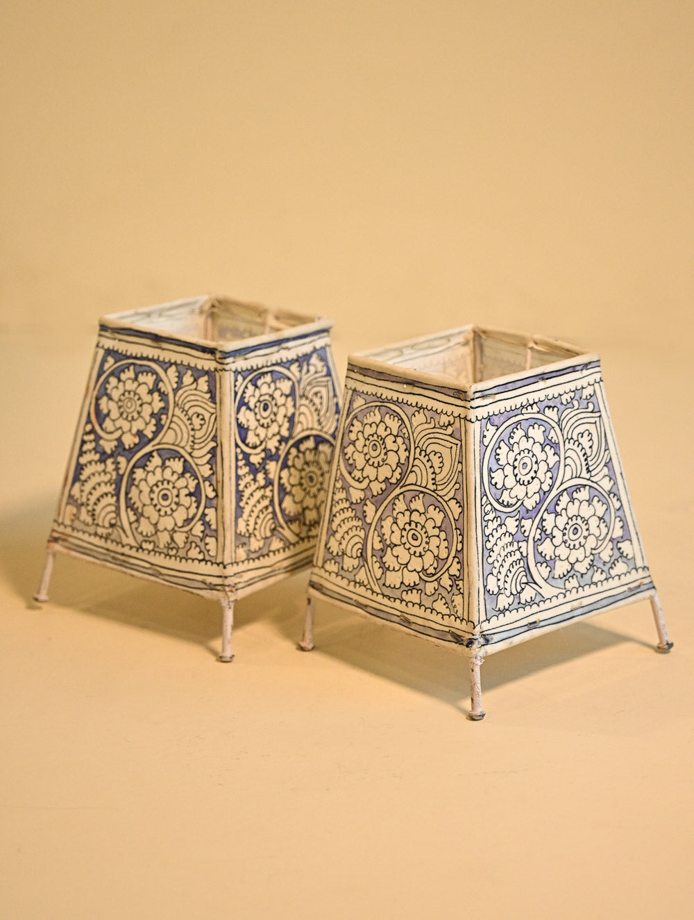 Andhra Leather Craft Lamp Shade - Holiday Floral Blues (Set of Two). Height - 6 inches Each