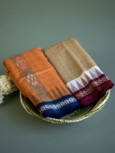 Sambalpuri Handwoven Ikat Gamcha / Cotton Towels (Set of 2) - Orange & Brown