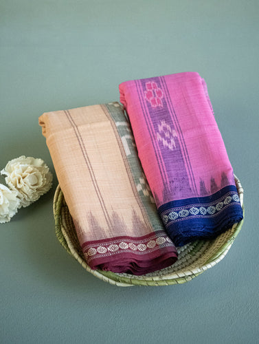 Sambalpuri Handwoven Ikat Gamcha / Cotton Towels (Set of 2) - Pink & Beige