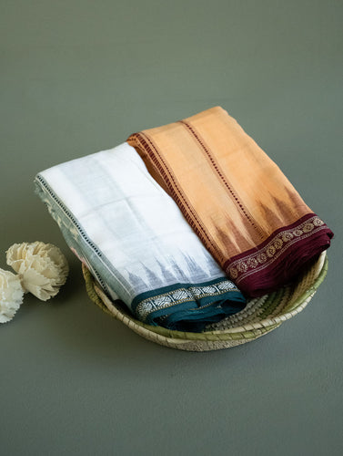 Sambalpuri Handwoven Ikat Gamcha / Cotton Towels (Set of 2) - White & Peach